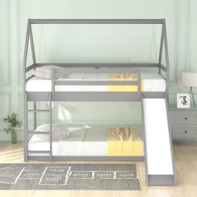 Twin Size Bunk House Bed with Slide and Ladder (Color: Gray)