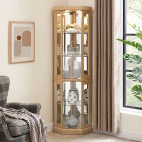 Corner Glass Cabinet Lighted Curio Cabinet Corner Display Case for Living Room, Curio Cabinet, Antique collection, Wine (Material: MDF+glass, Color: Light Oak)