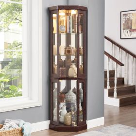 Corner Glass Cabinet Lighted Curio Cabinet Corner Display Case for Living Room, Curio Cabinet, Antique collection, Wine (Material: MDF+glass, Color: Cherry)