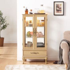 Curio Cabinet Lighted Glass Cabinet Glass Wine Cabinet Curio Display Cabinet with Adjustable Glass Shelves 2 Doors and 1 drawer Cabinet Sideboard With (Material: MDF+glass, Color: Light Oak)