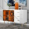 Modern Sideboard MDF Buffet Cabinet Marble Sticker Tabletop and Amber-yellow Tempered Glass Doors with Gold Metal Legs & Handles
