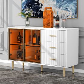 Modern Sideboard MDF Buffet Cabinet Marble Sticker Tabletop and Amber-yellow Tempered Glass Doors with Gold Metal Legs & Handles (Material: MDF+glass, Color: White)