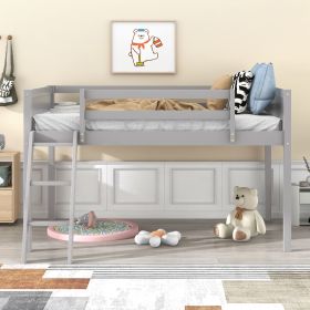 Twin Size Wood Low Loft Bed with Ladder, ladder can be placed on the left or right (Color: Gray)