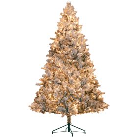 Pre-Lit Artificial Christmas Tree with Clear Lights and Tips, Snow Flocked Christmas Tree with Metal Stand, Hinged Xmas Tree for Home Office Holi (Color: Green, size: 7.5ft)