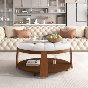Modern Large Round Ottoman Coffee Table 2-Tier Oversized Button Tufted Ottoman with Wood Shelf Storage Upholstered Coffee Table for Living Room Footre (Material: Rubber Wood, Color: Ivory White)