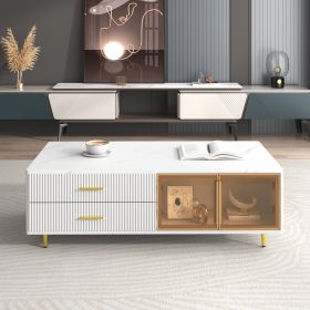 Modern Coffee Table with 2 Glass Door Storage, 4 Drawers, Gold Metal Legs, and Multi-Color Lighting in 47.2'' (Material: MDF, Color: White)
