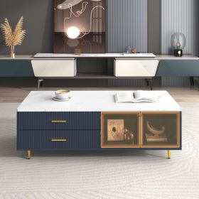Modern Coffee Table with 2 Glass Door Storage, 4 Drawers, Gold Metal Legs, and Multi-Color Lighting in 47.2'' (Material: MDF, Color: Navy Blue)