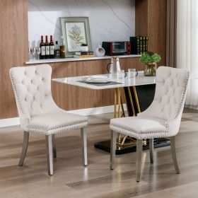 Modern High-end Tufted Solid Wood Contemporary Velvet Upholstered Dining Chair with Chrome Stainless Steel Plating Legs,Nailhead Trim,Set of 2 (Color: Beige, Material: Velvet)