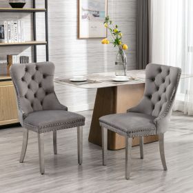 Modern High-end Tufted Solid Wood Contemporary Velvet Upholstered Dining Chair with Chrome Stainless Steel Plating Legs,Nailhead Trim,Set of 2 (Color: Gray, Material: Velvet)