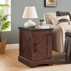 Farmhouse End table Nightstand Rectangular Farmhouse End Table with Barn Door and Adjustable Storage Shelf, Rustic Sofa Side Table for Living Room (Material: MDF, Color: Oak)