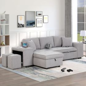 104.5" Pull Out Sleeper Sofa Reversible L-Shape 3 Seat Sectional Couch with Storage Chaise and 2 Stools for Living Room Furniture Set (Material: Linen, Color: Gray)
