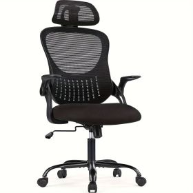 Mesh Ergonomic Office Computer Desk Chair Flip-up Arms Adjustable Headrests Comfortable Lumbar Support For Home Office (Color: Black)