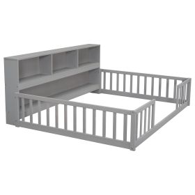 Full Floor Bed with Side Bookcase,Shelves,Guardrails,Grey (Color: as Pic)