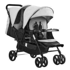 VEVOR Double Stroller, Foldable Lightweight Twin Stroller with Tandem Seating, Adjustable Backrest/Footrest, Wrap-Around Safety Harness (Baby Stroller Type: Front and Back 2-Person, Color: Light Gray + Black)