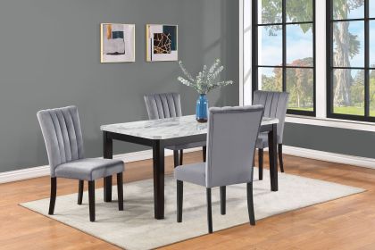 5-Piece Contemporary Dining Set Rectangular Faux Marble Table Top Black Finish Upholstered Chairs Channel Tufting Wooden Solid Wood Dining Room Kitche (Color: as Pic)