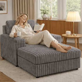 Modern Compressed Single Sofa Chair with Ultra-Soft Corduroy Fabric, Deep Seat & Wide Armrests, Vacuum Packed for Easy Shipping, Tool-Free Setup (Color: Grey)