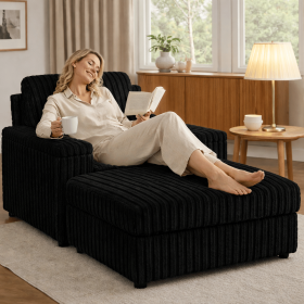 Modern Compressed Single Sofa Chair with Ultra-Soft Corduroy Fabric, Deep Seat & Wide Armrests, Vacuum Packed for Easy Shipping, Tool-Free Setup (Color: Black)