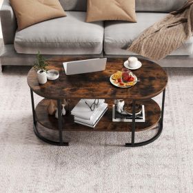 Oval Coffee Table 2-Tier Wooden Accent Table with Spacious Tabletop and Open Storage Shelf (select: Oval, Color: Rustic Brown)