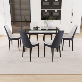 51" 6 person glass dining table set, kitchen set with black metal leg dining table and chairs (Color: Black+White+Blue)