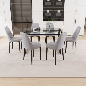 51" 6 person glass dining table set, kitchen set with black metal leg dining table and chairs (Color: Black+Grey)