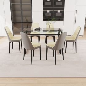 51" 6 person glass dining table set, kitchen set with black metal leg dining table and chairs (Color: Black+Beige+Grey)
