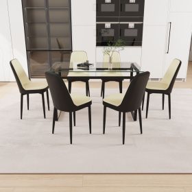 51" 6 person glass dining table set, kitchen set with black metal leg dining table and chairs (Color: Black+Beige)
