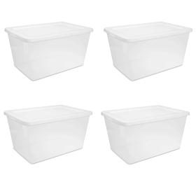 58 Quart Storage Box, Clear Plastic Storage Bin with Snap-on Lid, White (Pack Size: 4 Pack)