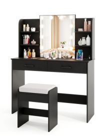Vanity Set with Lighted Mirror and Stool with Power Outlet (Color: Black)