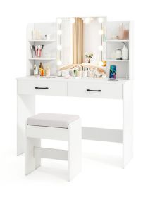 Vanity Set with Lighted Mirror and Stool with Power Outlet (Color: White)