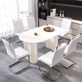 63 "medieval modern cream style MDF dining table and PU armless dining chair set 6. Assemble Desktop and Silver plated metal leg dining chair set (Color: White+White+6IN1)