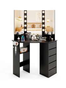 Corner Vanity Desk with 3-Color LED Lighted Mirror and Power Outlet (Color: Black)