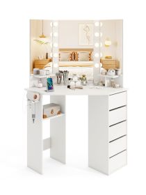 Corner Vanity Desk with 3-Color LED Lighted Mirror and Power Outlet (Color: White)