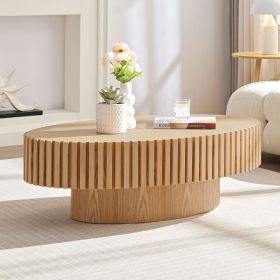Modern Handcraft Drum Coffee Table Length 43.7 inch Ellipse Coffee Table for Living Room,Oval Small Coffee Table with Sturdy Pedestal (Material: MDF, Color: Natural Ash)