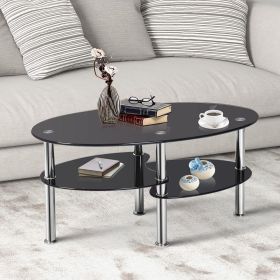 1PC Tempered Glass Double Layer Oval Side Coffee Table Sturdy and Durable Living Room Table (Color: Black)
