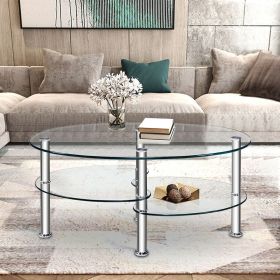 1PC Tempered Glass Double Layer Oval Side Coffee Table Sturdy and Durable Living Room Table (Color: Transparent)