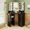 Corner Vanity Desk with 3-Color LED Lighted Mirror and Power Outlet