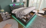 Queen size Upholstered bed, 360 surround LED function, Buttons/Apps/Remote Control, hydraulic storage bed with USB Type-C charging, Black