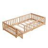Queen Size Floor Bed with Door, Solid Wood Platform Bed Frame with Fence, Suitable for children, Pine Wood