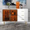 Modern Sideboard MDF Buffet Cabinet Marble Sticker Tabletop and Amber-yellow Tempered Glass Doors with Gold Metal Legs & Handles
