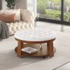 Modern Large Round Ottoman Coffee Table 2-Tier Oversized Button Tufted Ottoman with Wood Shelf Storage Upholstered Coffee Table for Living Room Footre