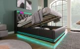Queen size Upholstered bed, 360 surround LED function, Buttons/Apps/Remote Control, hydraulic storage bed with USB Type-C charging, Black