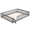Queen Size Floor Bed with Door, Solid Wood Platform Bed Frame with Fence, Suitable for children, Pine Wood