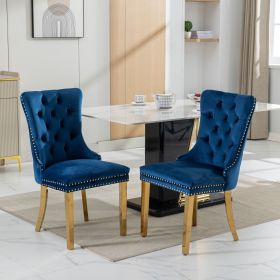 Modern High-end Tufted Solid Wood Contemporary Velvet Upholstered Dining Chair with Chrome Stainless Steel Plating Legs,Nailhead Trim,Set of 2 (Color: Blue-2, Material: Velvet)