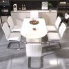 63 "medieval modern cream style MDF dining table and PU armless dining chair set 6. Assemble Desktop and Silver plated metal leg dining chair set