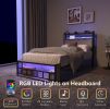 Twin Bed Frames , Headboard and Charging Station & LED Light for Bedroom, Solid and Stable, Noise Free, No Box Spring Needed, Easy Assembly